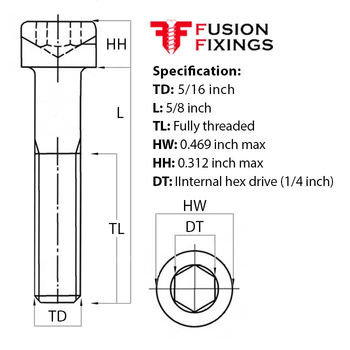 Size guide for the 5/16 UNC x 5/8 Inch Socket Cap Head Screw, Self Colour Grade 12.9 Steel (ASME B18.3)
