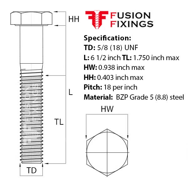 Size guide for the 
5/8 (18) UNF x 6 1/2 Inch Hex Bolt, Bright Zinc Plated Grade 8.8 (ASME B18.2.1)