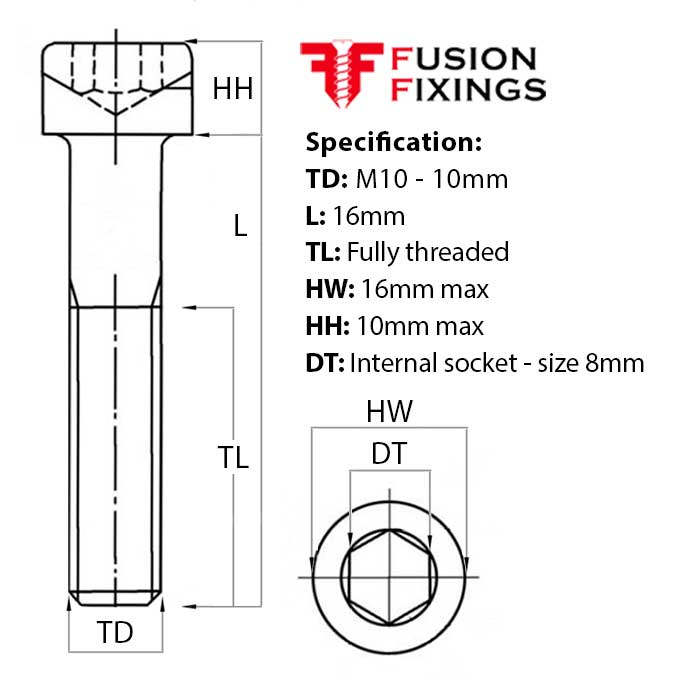 Size guide for the M10 x 16mm Socket Cap Head Screw, BZP Grade 12.9 DIN 912