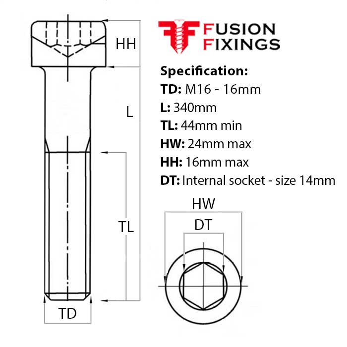 Size guide for the M16 x 340mm Socket Cap Head Screw, Self Colour, DIN 912