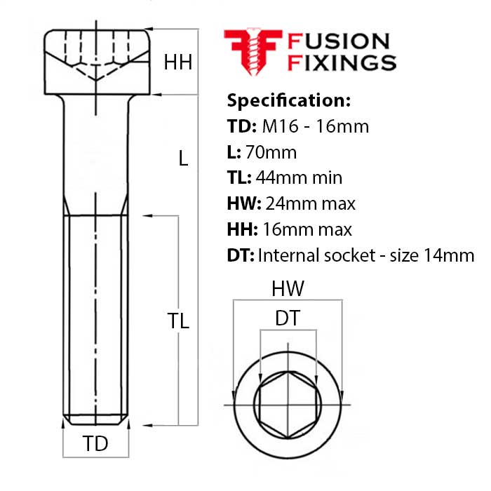 Size guide for the M16 x 70mm Socket Cap Head Screw, Self Colour, DIN 912