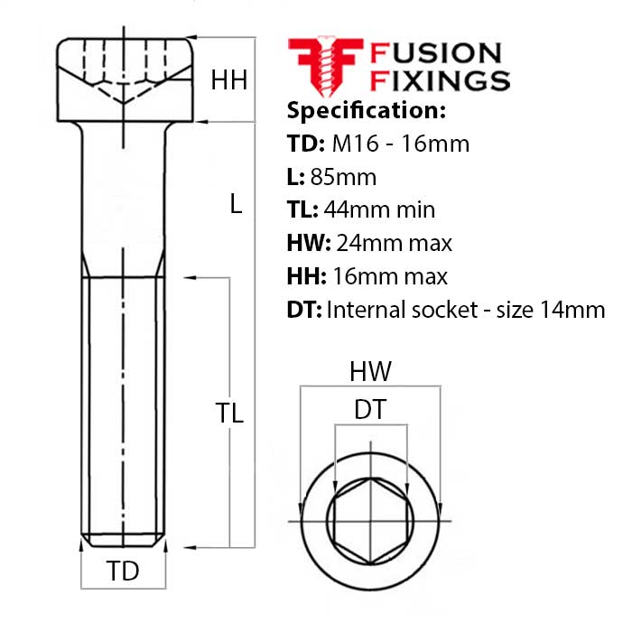 Size guide for the M16 x 85mm Socket Cap Head Screw, Self Colour, DIN 912