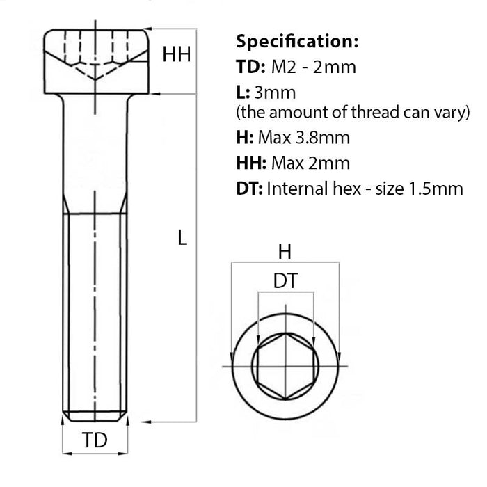 M2 x 3mm Socket Cap Head Screw Self Colour DIN 912 screw guide
