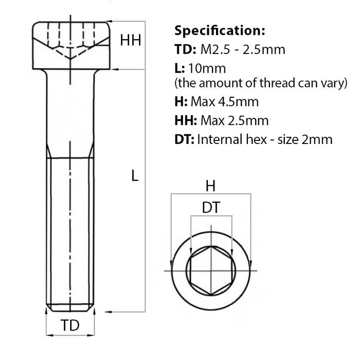 M2.5 x 10mm Socket Cap Head Screw, Self-Colour, DIN 912 screw guide 