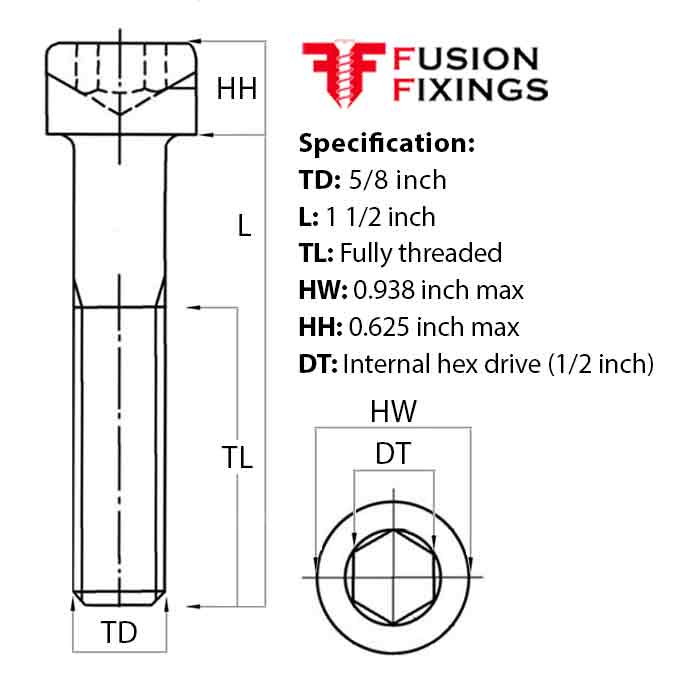 Size guide for 5/8 UNC x 1 1/2 Inch Socket Cap Head Screw, Self Colour Grade 12.9 Steel (ASME B18.3)