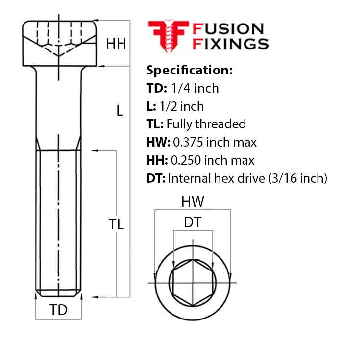 Size guide for 1/4 (20) UNF x 1/2 Inch Socket Cap Head Screw, Self Colour Grade 12.9 Steel (ASME B18.3)