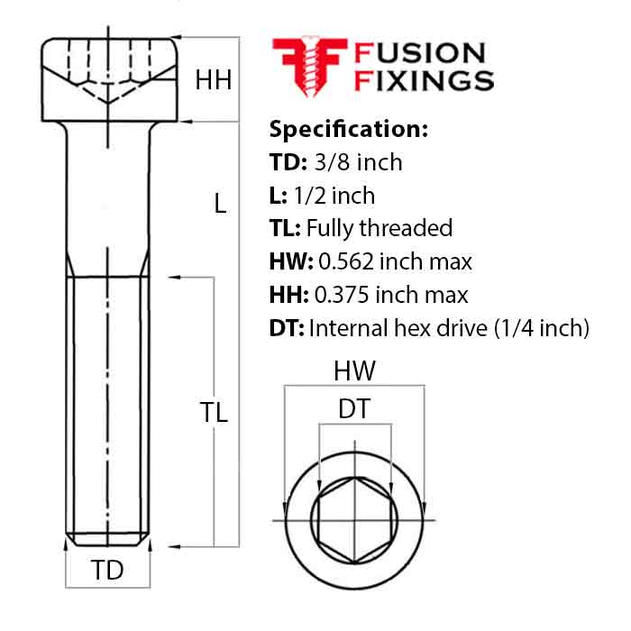 Size guide for 3/8 UNF x 1/2 Inch Socket Cap Head Screw, Self Colour Grade 12.9 Steel (ASME B18.3)