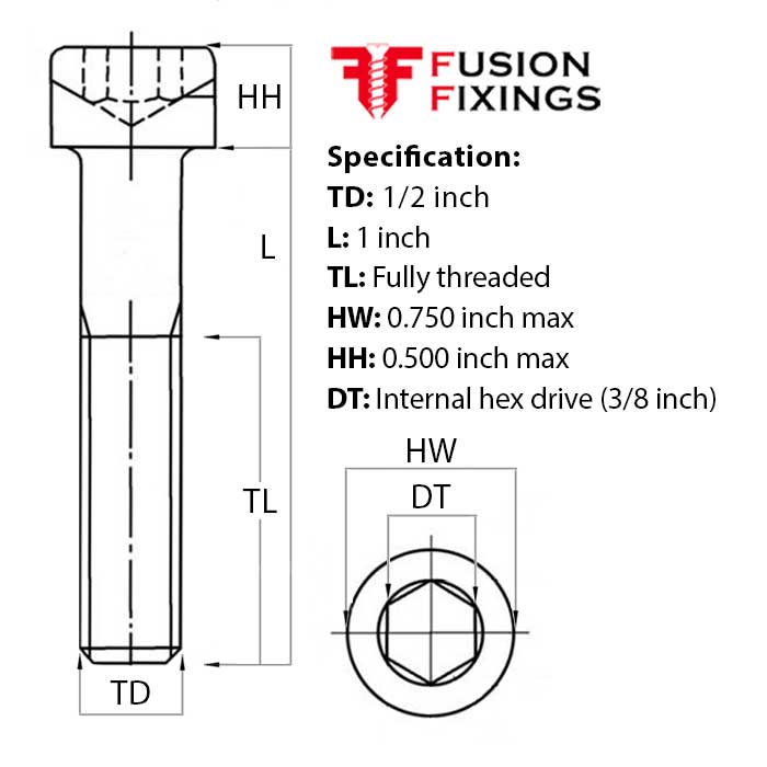 Size guide for 1/2 (20) UNF x 1 Inch Socket Cap Head Screw, Self Colour Grade 12.9 Steel (ASME B18.3)