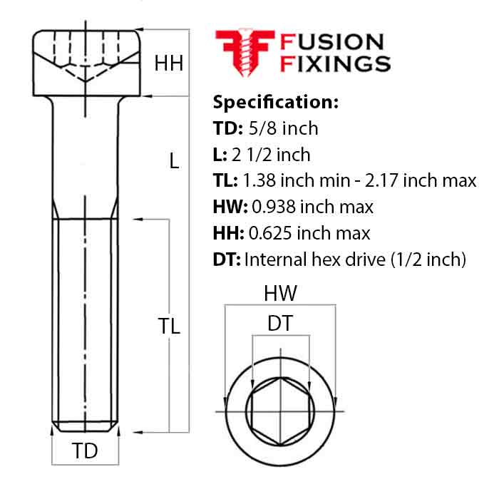 Size guide for 5/8 UNC x 2 1/2 Inch Socket Cap Head Screw, Self Colour Grade 12.9 Steel (ASME B18.3)