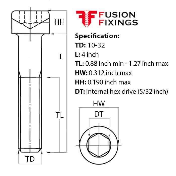 Size guide for 10-32 UNF x 4 Inch Socket Cap Head Screw, Self Colour Grade 12.9 Steel (ASME B18.3)