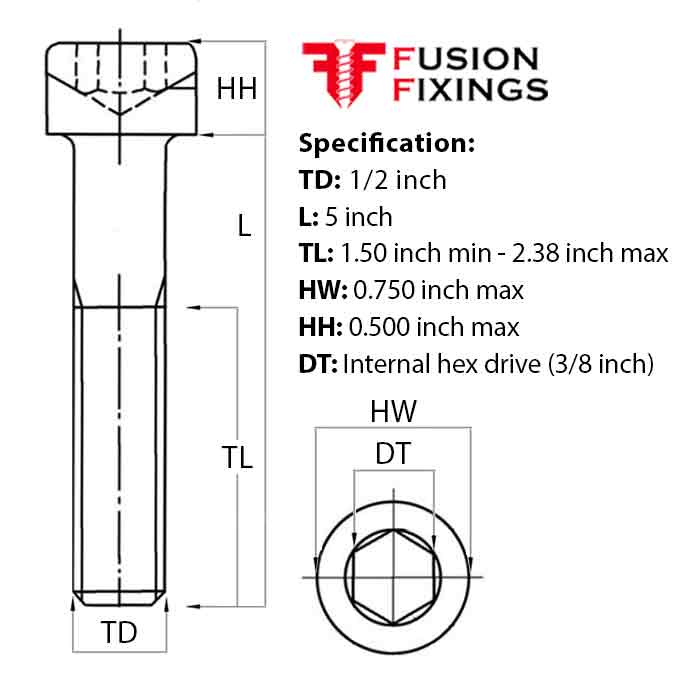 Size guide for 1/2 UNC x 5 Inch Socket Cap Head Screw, Self Colour Grade 12.9 Steel (ASME B18.3)