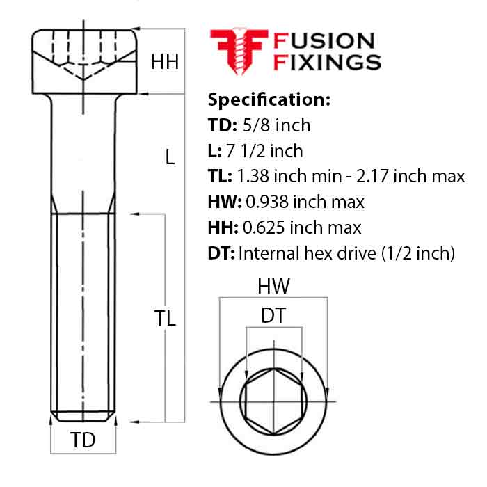 Size guide for 5/8 UNC x 7 1/2 Inch Socket Cap Head Screw, Self Colour Grade 12.9 Steel (ASME B18.3)