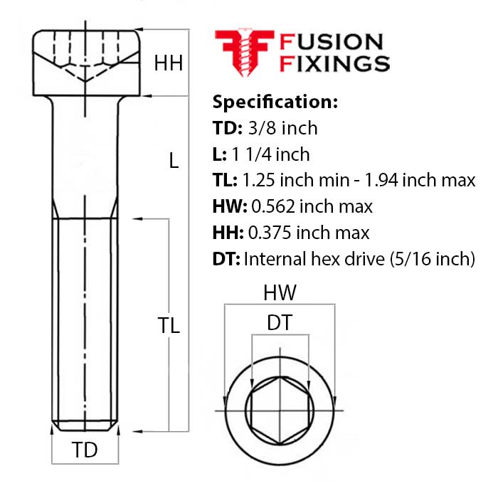 Size guide for 3/8 UNF x 1 1/4 Inch Socket Cap Head Screw, A2 Stainless Steel (ASME B18.3)