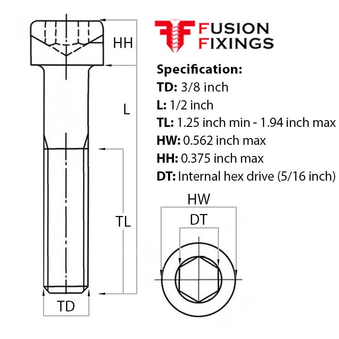 Size guide for 3/8 UNF x 1/2 Inch Socket Cap Head Screw, A2 Stainless Steel (ASME B18.3)