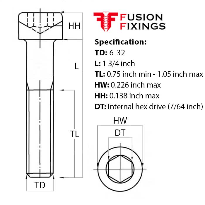Size guide fir 6-32 UNC x 1 3/4 Inch Socket Cap Head Screw, A2 Stainless Steel (ASME B18.3)