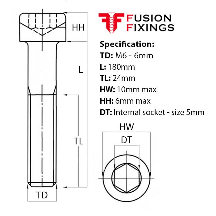 Size guide for M6 x 180mm Socket Cap Head Screw, A2 Stainless Steel DIN 912