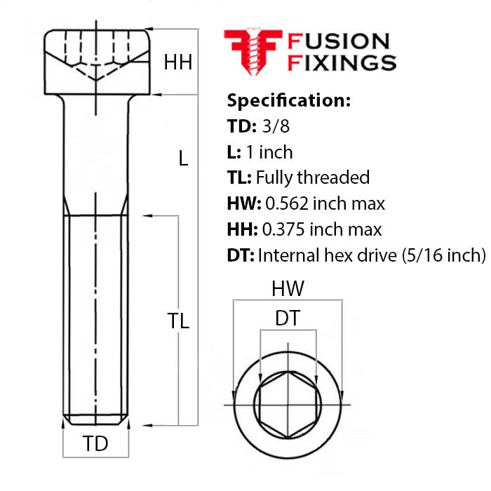 Size guide for 3/8 UNC x 1 Inch Socket Cap Head Screw, A2 Stainless Steel (ASME B18.3)