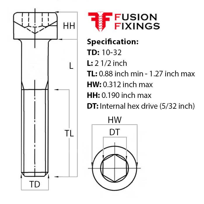Size guide for 10-32 UNF x 2 1/2 Inch Socket Cap Head Screw, A2 Stainless Steel (ASME B18.3)