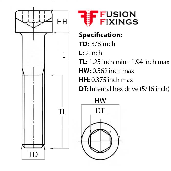 Size guide for 3/8 UNF x 2 Inch Socket Cap Head Screw, A2 Stainless Steel (ASME B18.3)