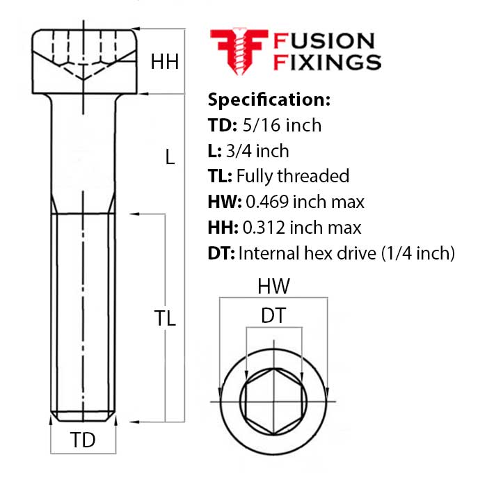 Size guide for 5/16 UNF x 3/4 Inch Socket Cap Head Screw, A2 Stainless Steel (ASME B18.3)
