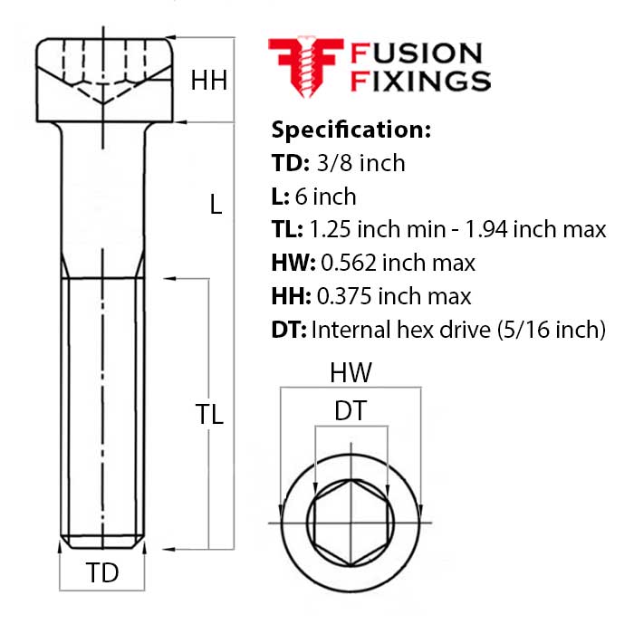 Size guide for 3/8 UNF x 6 Inch Socket Cap Head Screw, A2 Stainless Steel (ASME B18.3)