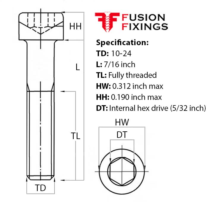 Size guide for 10-24 UNC x 7/16 Inch Socket Cap Head Screw, A2 Stainless Steel (ASME B18.3)