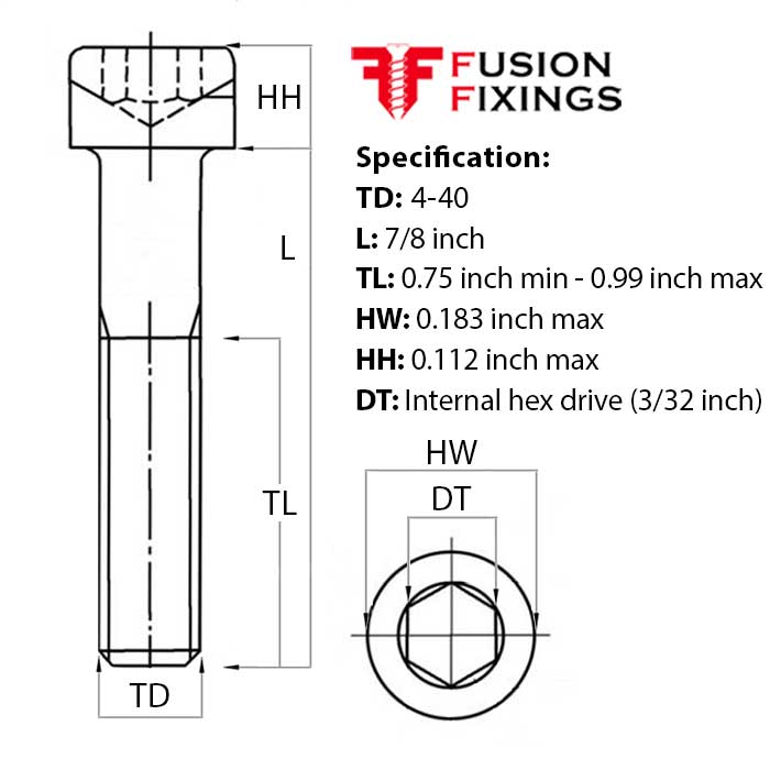 Size guide for 4-40 UNC x 7/8 Inch Socket Cap Head Screw, A2 Stainless Steel (ASME B18.3)