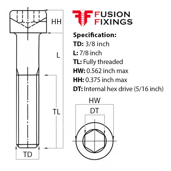 Size guide for 3/8 UNF x 7/8 Inch Socket Cap Head Screw, A2 Stainless Steel (ASME B18.3)