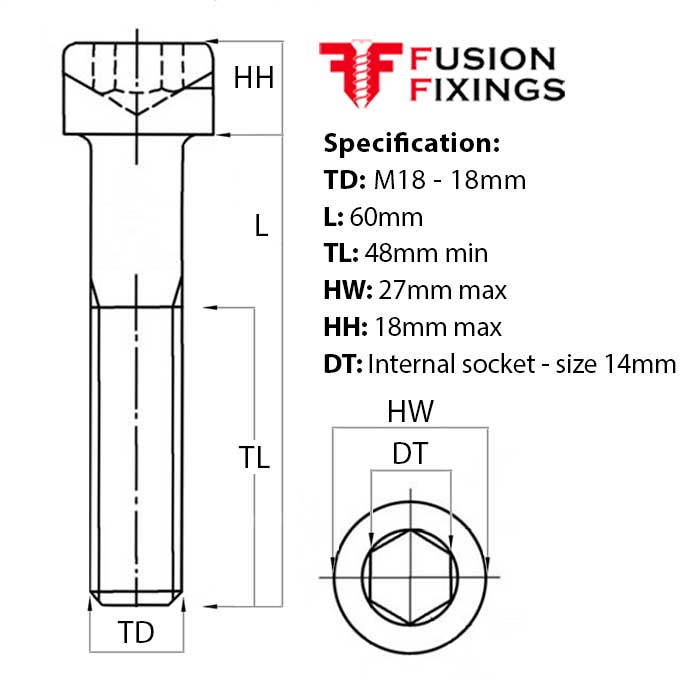Size guide for the M18 x 60mm Socket Cap Head Screw, Self Colour, DIN 912