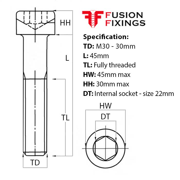 Size guide for the M30 x 45mm Socket Cap Head Screw, Self Colour, DIN 912