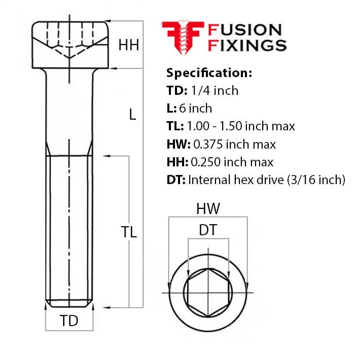 1/4 (28) UNF x 6 Inch Socket Cap Head Screw, Self Colour Grade 12.9 Steel (ASME B18.3)