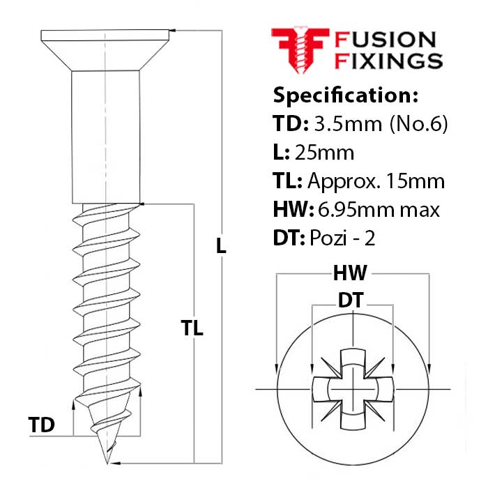 Size guide for the 3.5 (No.6) x 25mm Pozi Countersunk Wood Screw, A2 Stainless Steel, DIN 7997