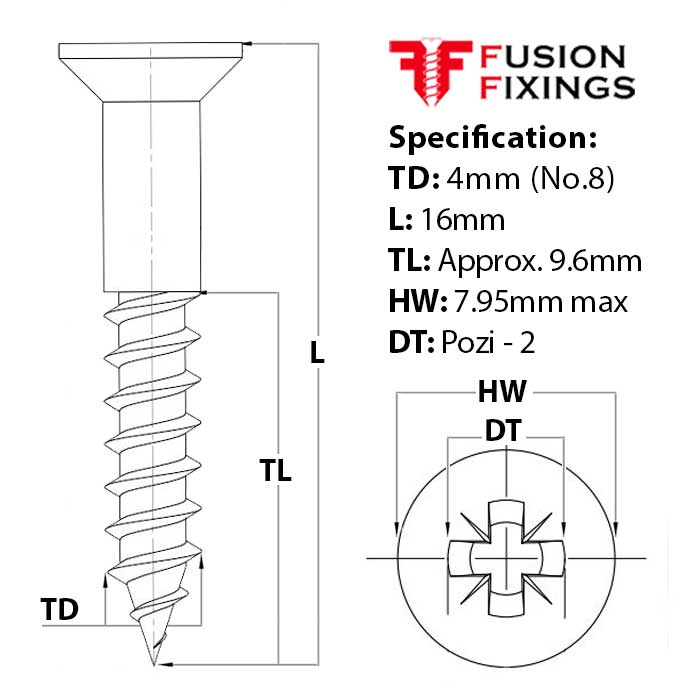 Size guide for the 4mm (No.8) x 16mm Pozi Countersunk Wood Screw, A2 Stainless Steel, DIN 7997