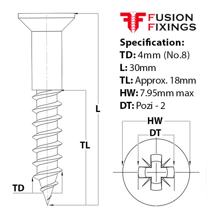 Size guide for the 4mm (No.8) x 30mm Pozi Countersunk Wood Screw, A2 Stainless Steel, DIN 7997