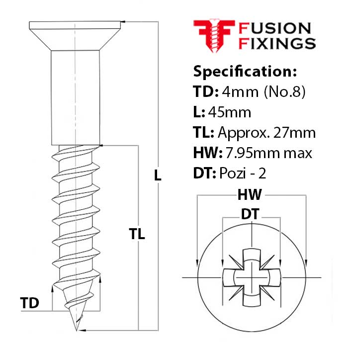 Size guide for the 4 (No.8) x 45mm Pozi Countersunk Wood Screw, A2 Stainless Steel, DIN 7997