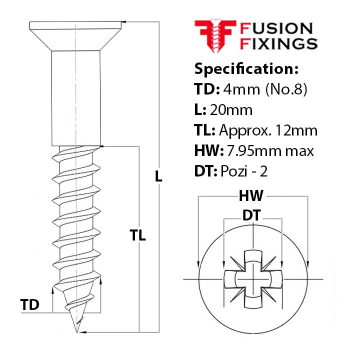 Size guide for the  4mm (No.8) x 20mm Pozi Countersunk Wood Screw, A2 Stainless Steel, DIN 7997