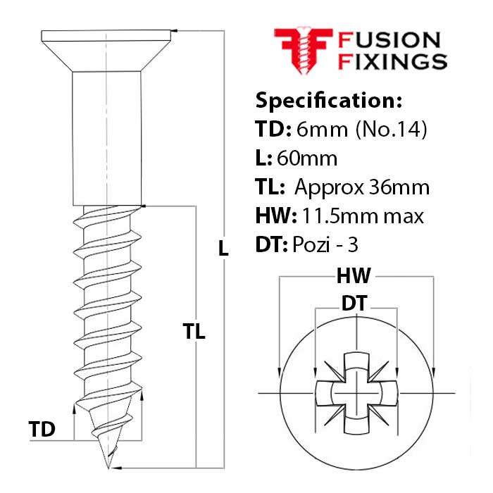 Size guide for the 6 (No.14) x 60mm Pozi Countersunk Wood Screw, A2 Stainless Steel, DIN 7997