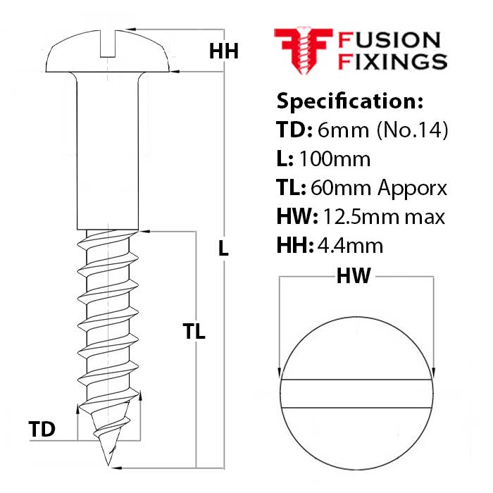 Size guide for 6mm (No.14) x 100mm Slotted Round Head Wood Screw, A2 Stainless Steel, DIN 96