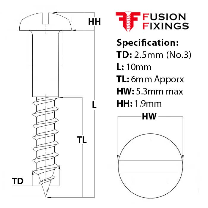 Size guide for 2.5mm (No.3) x 10mm Slotted Round Head Wood Screw, A2 Stainless Steel, DIN 96