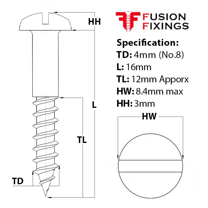 Size guide for 4mm (No.8) x 16mm Slotted Round Head Wood Screw, A2 Stainless Steel, DIN 96