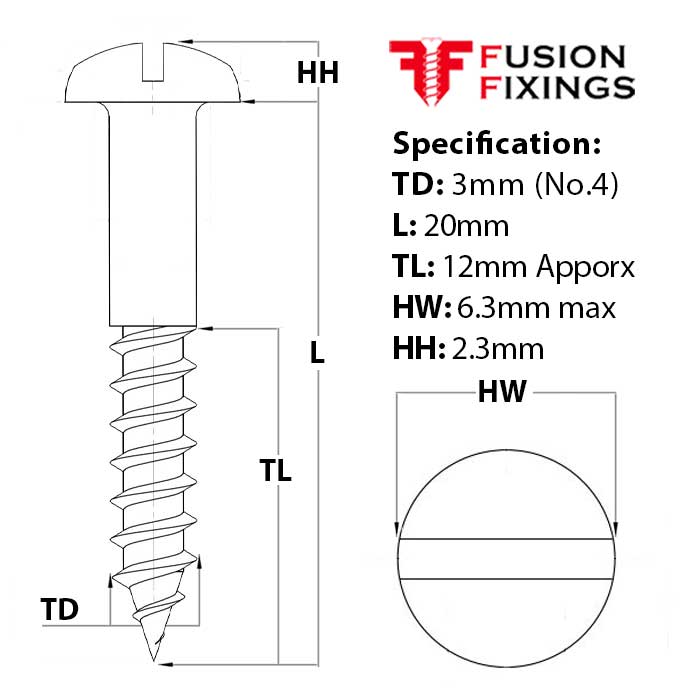 Size guide for 3mm (No.4) x 20mm Slotted Round Head Wood Screw, A2 Stainless Steel, DIN 96