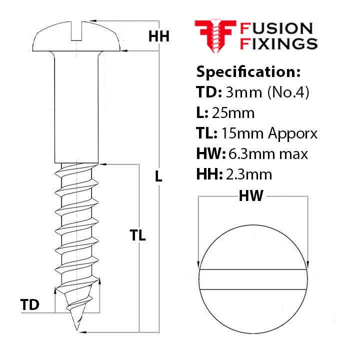 Size guide for 3mm (No.4) x 25mm Slotted Round Head Wood Screw, A2 Stainless Steel, DIN 96