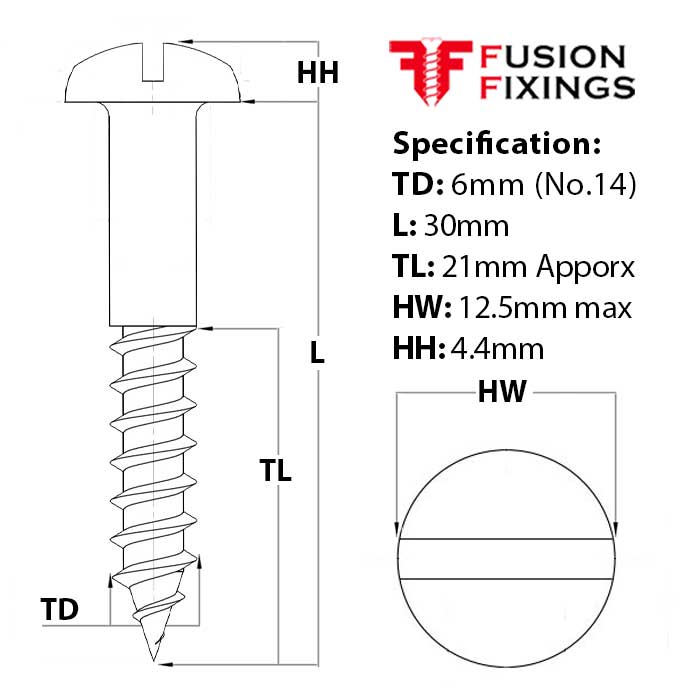 Size guide for 6mm (No.14) x 30mm Slotted Round Head Wood Screw, A2 Stainless Steel, DIN 96