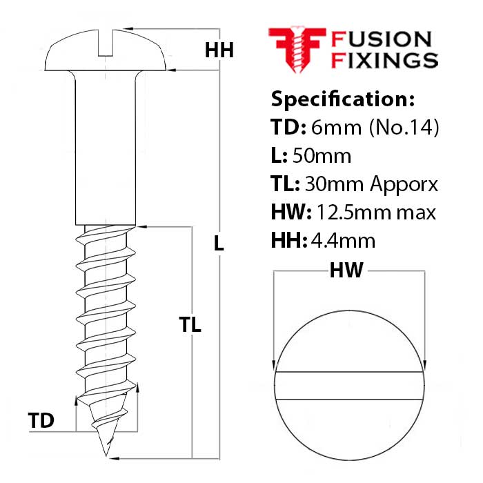 Size guide for 6mm (No.14) x 50mm Slotted Round Head Wood Screw, A2 Stainless Steel, DIN 96