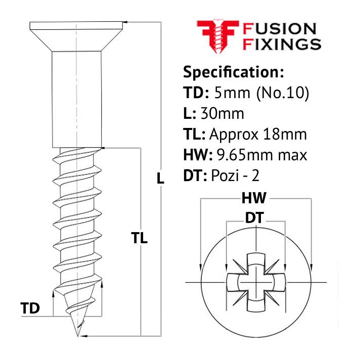 Size guide for the5mm (No.10) x 30mm Pozi Countersunk Wood Screw, A2 Stainless Steel, DIN 7997