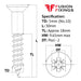 Size guide for the5mm (No.10) x 30mm Pozi Countersunk Wood Screw, A2 Stainless Steel, DIN 7997