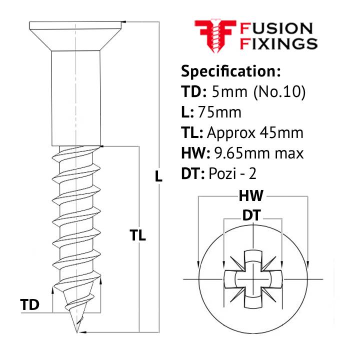 Size guide for the 5mm (No.10) x 75mm Pozi Countersunk Wood Screw, A2 Stainless Steel, DIN 7997
