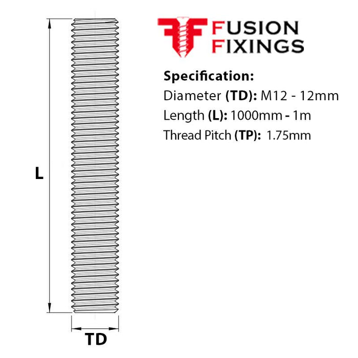 M12 x 1000mm Threaded Bar (studding) BZP Grade 8.8 High Tensile Steel DIN 976-1