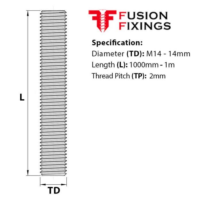 Size guide for the M14 x 1000mm Threaded Bar (studding) BZP Grade 8.8 High Tensile Steel DIN 976-1. Part of a growing range of threaded bar from Fusion Fixings