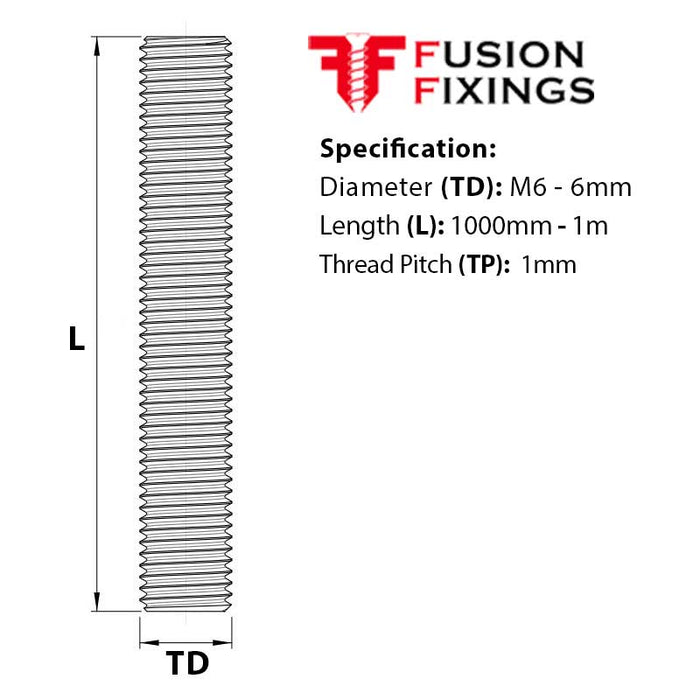 Size guide for the M6 x 1000mm Threaded Bar (studding) BZP Grade 8.8 High Tensile Steel DIN 976-1